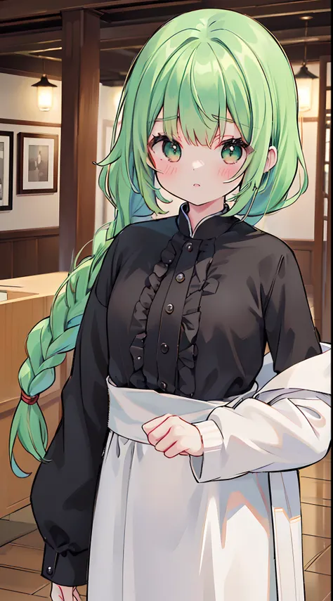 ((masutepiece，Top image quality，Best Quality，8K，​masterpiece))1girl in，Green hair，Braids，((Black mass-produced clothes))，angelicales，Upper body only