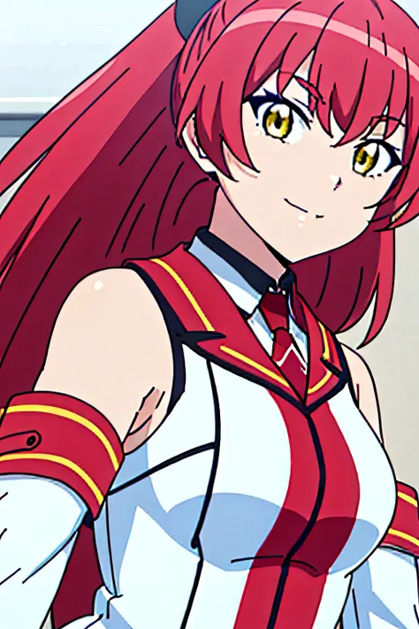 Scarlet_Fairchild_HxH-KK77-V1, sleeveless shirt,bare shoulders,detached sleeves,red necktie,white shirt, virtual youtuber, red hair,yellow eyes,long hair,bangs,high ponytail, 1girl, solo, facing viewer, looking at viewer, upper body, smile