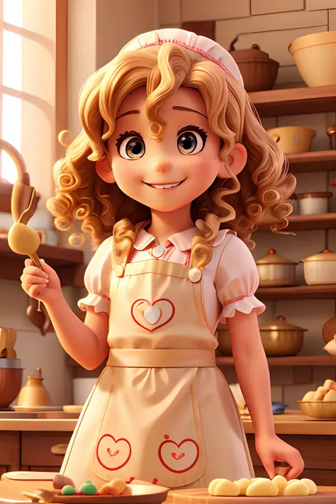 Child smiling brown eyes blonde curly hair at the ends dressed as a confectioner cooking with minnie white background