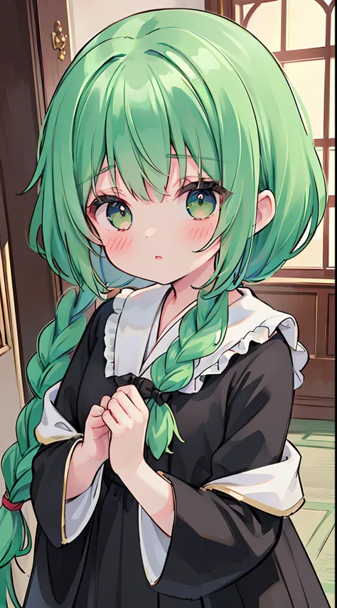 ((Masterpiece，Top image quality，Best Quality，8K，​masterpiece))1girl in，1人，Green hair，Braids，((Black mass-produced clothes))，Large ribbon，heart，cute little，Lori，Upper body only