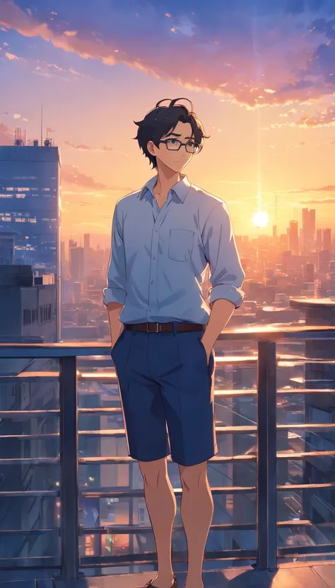 Anime male with short curly hairstyle, black short hair, glasses, beard, 40 years old, full body, wearing dark blue set-up, white shirt, rooftop of building with sunset view