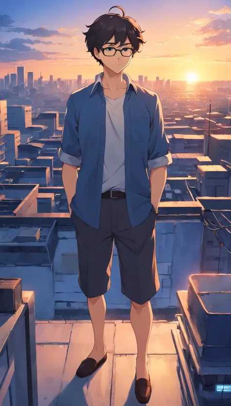 Anime male with short curly hairstyle, black short hair, glasses, beard, 40 years old, full body, wearing dark blue set-up, white shirt, rooftop of building with sunset view