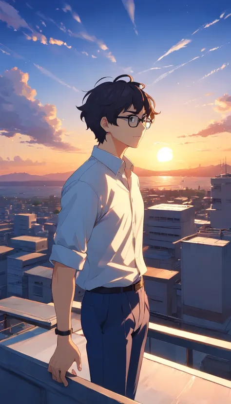 Anime male with short curly hairstyle, black short hair, glasses, beard, 40 years old, full body, wearing dark blue set-up, white shirt, rooftop of building with sunset view