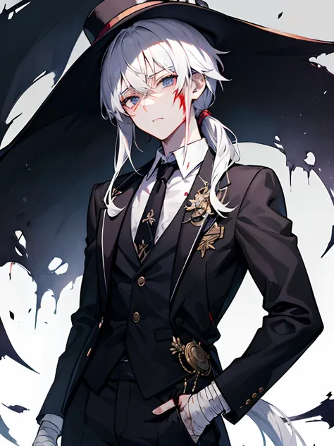 male in his 20s、white  hair、poneyTail、tailcoat、neck tie、Hats、Has an injury to the arm、Clothes are slightly torn、Somewhat bloody、bandaged、grim facial expression、Decadent atmosphere