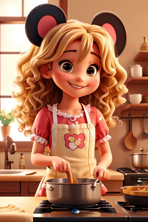 Create Minnie Mouse and child smiling brown eyes blonde curly hair at ends cooking together