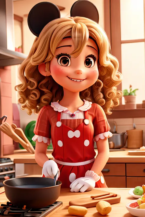 Create Minnie Mouse and child smiling brown eyes blonde curly hair at ends cooking together