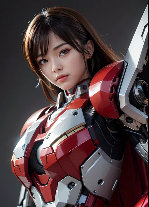 Textured skin, Super Detail, high details, High quality, Best Quality, hight resolution, 1080p, hard disk, Beautiful,(Iron Girl),beautiful cyborg woman,Mecha Cyborg Girl,Battle Mode,Girl with a Mecha Body,She wears an Iron Man mech,