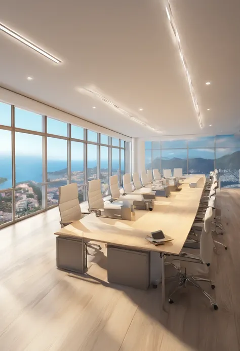 Office with panoramic sea view, mesas e cadeiras pretas, paredes brancas, LED lighting, piso em marmore