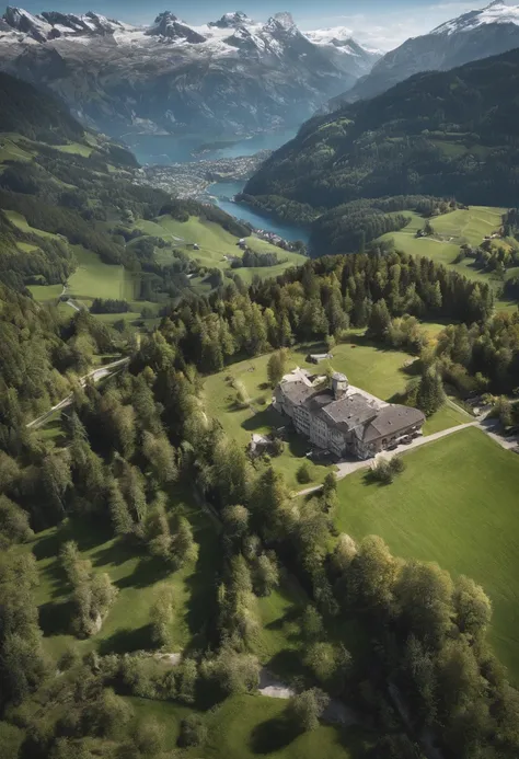 Switzerland ,dron view from 1000 km above beutiful scenario,birds,