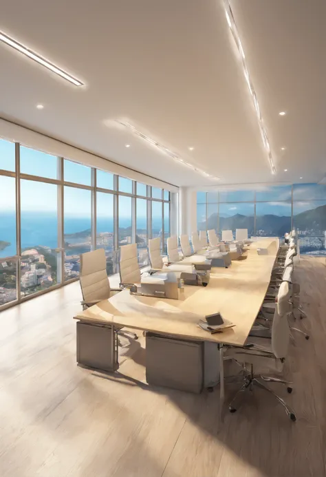 Office with panoramic sea view, mesas e cadeiras pretas, paredes brancas, LED lighting, piso em marmore