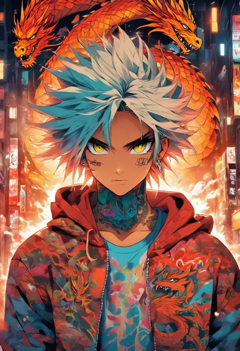 A cool and trendy dragon, white hair, blue eyes, wearing trendy hip hop clothing, wearing a hoodie, graphic t-shirt and torn jeans, tons of tattoos and piercings, graffiti style background, highly detailed background, perfect masterpiece, high quality, hig...