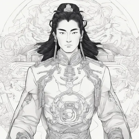 (Masterpiece),(Best quality:1.0), (超高分辨率:1.0), Detailed illustration, 8K, anime, 1. Ancient Chinese men，hair messy，The face is white，Wearing a nine-splendid embroidered drape，Holding a Fuxi qin，Sallow complexion，Eyebrows are clear，Tall，Muscle lines are pro...