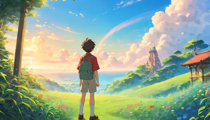 Fantastical、anime schoolboy looking at sky, 8k , high resolution , garden