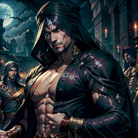 Castlevania Hyper Realistic Lord of Shadows Super Detailed Moroccan Arabic Lord Dracula Muscular Hokuto no Ken kenshiro , fearless, Handsome Scary Man Raised Moroccan Islamic Turban Castlevania Shadow Lords Leading Troops Armed with Demons