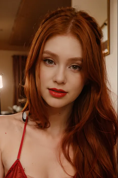 A woman with (light red) hair posing for a picture, (straight hair: 1.2),  red lipstick