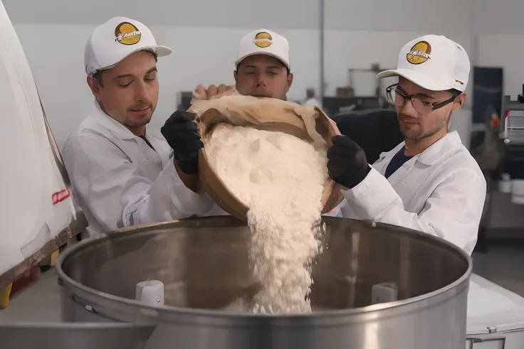 It shows three young men putting flour into a drum, Theyre wearing white caps and white aprons , luvas pretas e olhando a farinha ser despejada no tambor