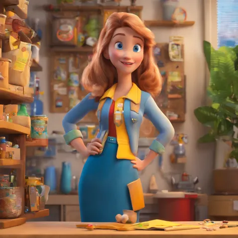 create a 3D movie poster inspired by Disney Pixar, The scene should be in Pixars signature digital art style, with a caricature image depicting a craftswoman , com cabelos castanhos e longos, apontando para uma faixa escrito "Atelier Jane Passos".