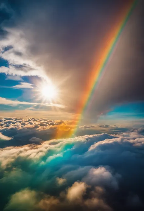 Close-up of airplane flying in the sky with sunny rainbow clouds, Amazing skies, Amazing skies, Stunning rainbow colors, Brilliant iridescent colors, A very colorful heaven, Amazing reflections of the sky, Colorful clouds, Colorful iridescent colors, Rainb...