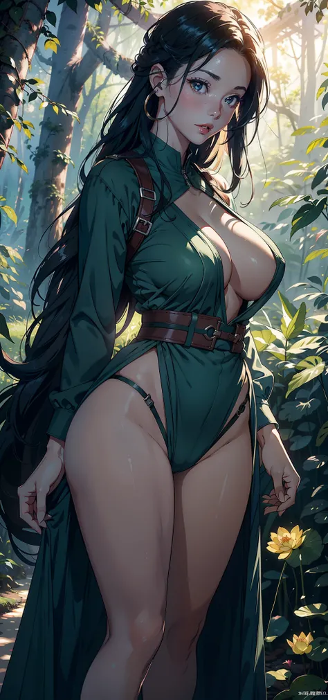 1female，45 yers old，Married Woman，熟妇，mature，plumw，extremely large bosom，Big breasts Thin waist，long leges， 独奏，（Background with：Deep in the forest，Cherry blossom forest，ponds，lotus flower）Stand on the grass，Open your legs， She has long black hair，bobo head，...