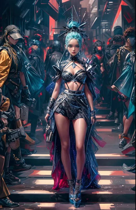 Masterpiece, top-quality, concept art, centered, wide shot, A state-of-the-art fashion show with a glittering stage, android fashion girl, avant-garde fashion outfit, dystopian people cheering as audience, (dystopian setting), (epic composition, epic propo...