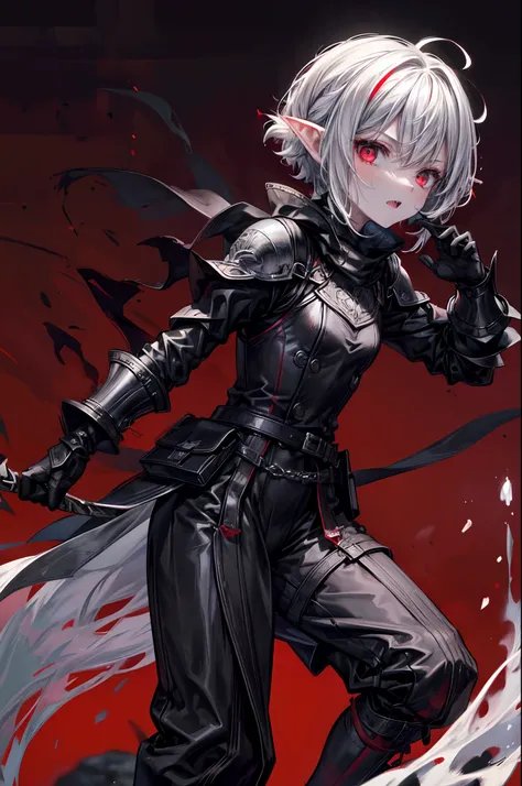 ((Best Quality, 8K, Masterpiece)), ((1woman, petite)), bleeding from eyes, flat color, limited palette, short messy white hair, elf ears, sharp fangs, angered expression, shouting, glowing eyes, assassins metallic armor, cowl, black shawl, fully clothed, d...