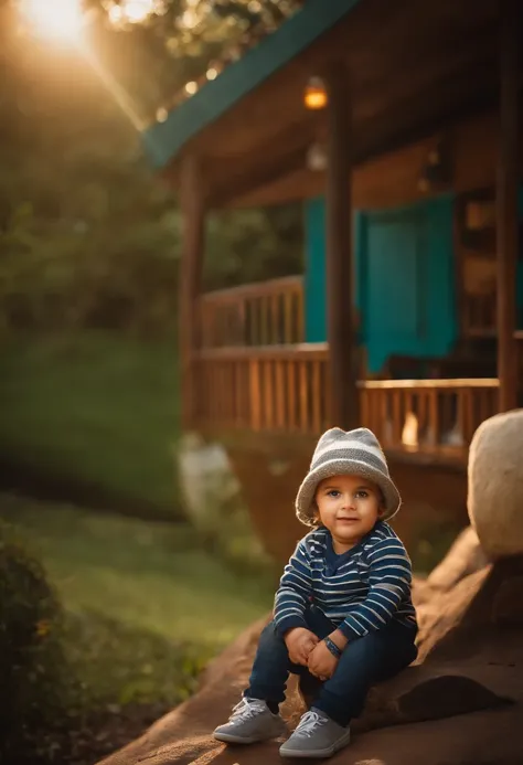 menino: Miguel, aproximadamente 5 anos de idade, cabelo curto estilo Disney, olhos castanhos e sorrisos. garota: Giovana, 2 anos, longos cabelos pretos e olhos azuis. scenecy: Miguel and Giovana are in a cozy little house in the valley, ao fundo um dia ens...