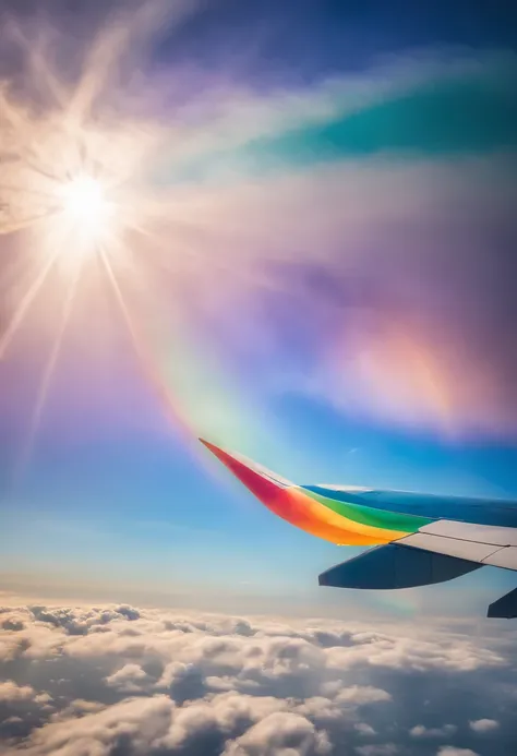 Close-up portrait of airplane flying in the sky with sunny iridescent clouds, Amazing skies, Amazing skies, Stunning rainbow colors, Vivid iridescent colors, A very colorful heaven, Amazing reflections of the sky, Colorful clouds, Colorful iridescent color...