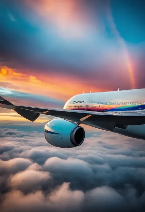 Close-up portrait of airplane flying in the sky with sunny iridescent clouds, Amazing skies, Amazing skies, Stunning rainbow colors, Vivid iridescent colors, A very colorful heaven, Amazing reflections of the sky, Colorful clouds, Colorful iridescent color...