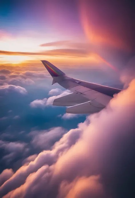 Close-up portrait of an airplane flying in the sky with sunny iridescent clouds, Amazing skies, Amazing skies, Stunning rainbow colors, Vivid iridescent colors, A very colorful heaven, Amazing reflections of the sky, Colorful clouds, Colorful iridescent co...