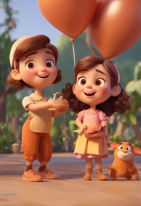 Estilo Pixar: Familia, Um pai, A mother and two girls. Uma menino de 6 anos e outro de 2 anos . Uma fazenda com vacas lindas e marrom .