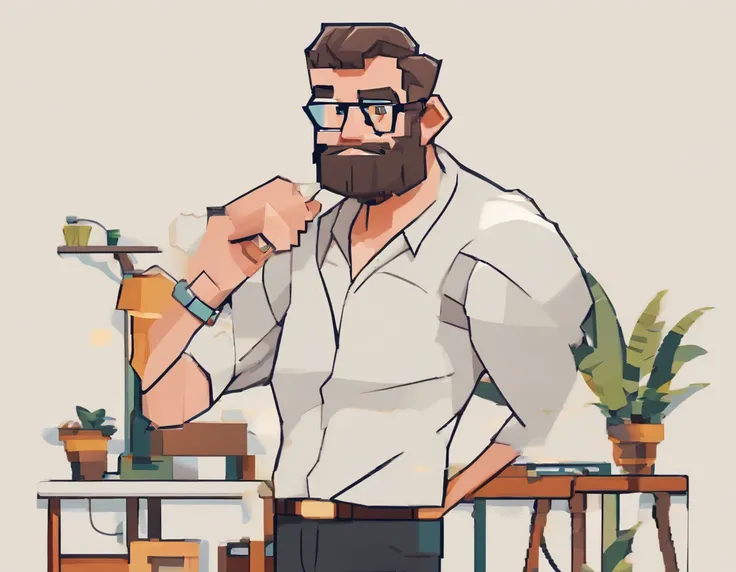 personagem dos desenhos animados, Thin young man with extremely short brown hair, brown eyes, blue framed glasses with gray beard, wide lips, wearing dress shirt, kneeling, praying in 3D, Personagem 3D, 3d rendering stylized, 3 d character render, personag...