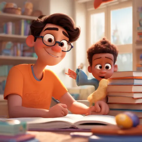 fundo branco, pixar desenhos animados 3D, homem lendo um livro, ::estilo pixar cartoon