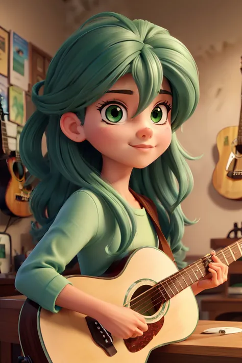 cabelos loiro escuro ,Medium hair on shoulder green eyes with beautiful eyelashes with a guitar