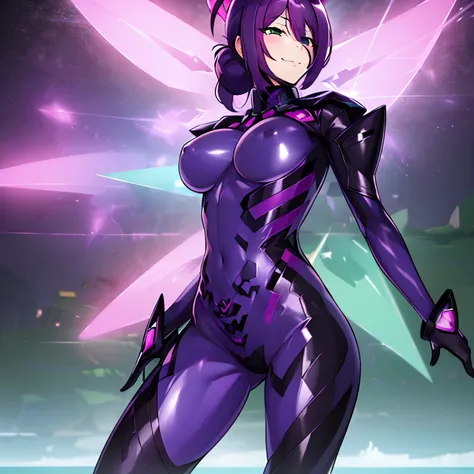 masterpiecie, high quality, 8k, high resolution, realistic, 1girl, side, Reze, green eyes, purple hair, (fortified_suit), latex, (purple_bodysuit), (pink_energetic_halo), (StarGlitcherWings), (pink_energetic_wings), evil_smile, (dark_smile), dark_space, da...