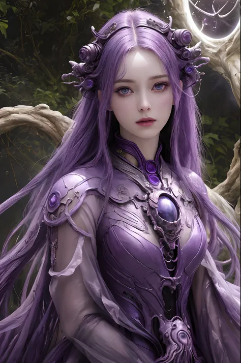 Realistic, photorealistic, Masterpiece, RAW photo, full length portrait, Beautiful alien woman with a lot of purple hair, on a far fantastic planet, cosmic landscape, cute sexy, highly detailed, sci-fi aesthetic, fantasy aura, unearthly vegetation, hdr, in...