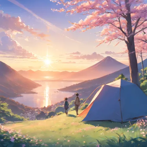 Halfway up the mountain，On the right is the tent，There is a lake under the mountain，In the distant background is a large mountain，The morning sun hit the tent，There are several small cherry blossom trees next to the tent，Faraway view，a brown skin men, afte...