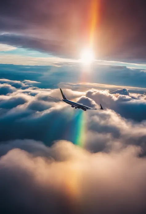 Close-up portrait of an airplane flying in the sky with clear iridescent clouds, Amazing skies, Amazing skies, Stunning rainbow colors, Vivid iridescent colors, A very colorful heaven, Amazing reflections of the sky, Colorful clouds, Colorful iridescent co...