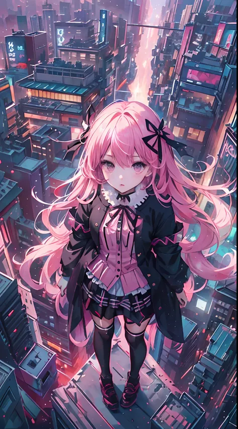 (masterpiece, concept art, highly detailed), shot from above, giant, 1girl, Loli, cute, pink hair, long drill hair, cute goth outfit, fair skin, standing, (miniature Tokyo metropolis background), (epic composition, epic proportion), volumetric lighting, pa...