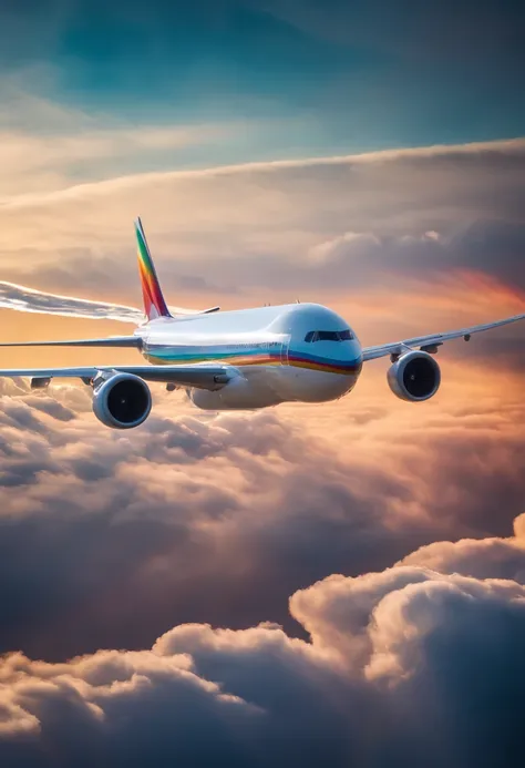 Close-up portrait of an airplane flying in the sky with clear iridescent clouds, Amazing skies, Amazing skies, Stunning rainbow colors, Vivid iridescent colors, A very colorful heaven, Amazing reflections of the sky, Colorful clouds, Colorful iridescent co...