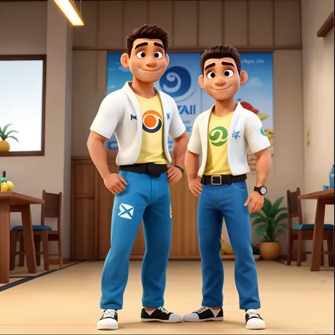 Dois amigos ESTILO DINEY PIXAR. ALTA QUALIDADE MELHOR QUALIDADE, um moreno, alto, cabelo raspado, with a limonitic Jiu Jitsu, faixa preta na cintura e faixa marrom sob os ombros e o outro baixo, branco, com kimono de Jiu Jitsu e faixa preta, em um tatame d...