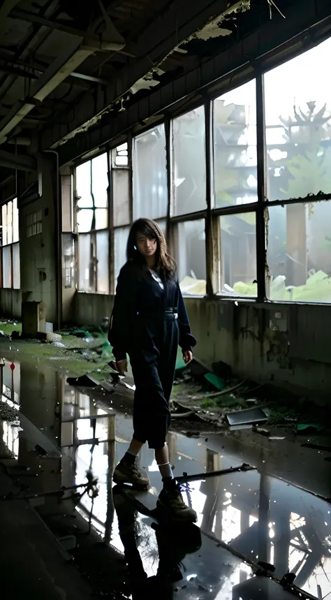 Araffe walks through the ruined building reflected in the window, Standing in an abandoned building, Woman in a Dark Factory, enviromental portrait, in a post apocalyptic setting, Standing in the factory, In an abandoned warehouse, photography of a techwea...