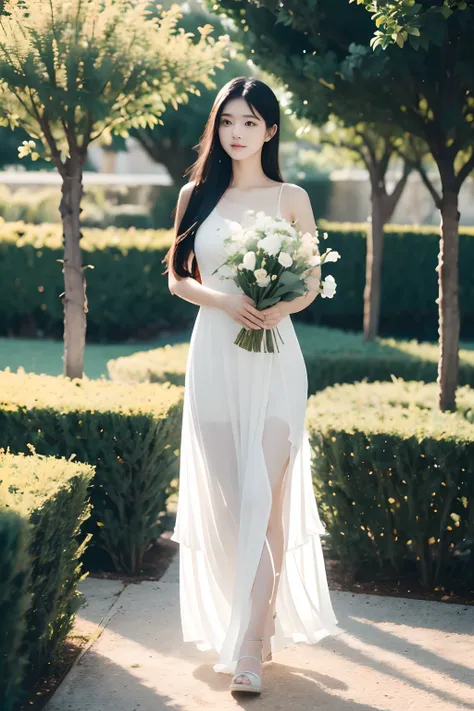 early morning, a girl with long black hair, wearing white dress, holding the basket of flowers, walking in the garden, full body, natural green, soft illunination/soft lights. high detailed, layered.