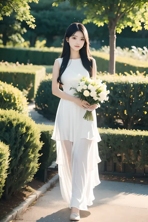 early morning, a girl with long black hair, wearing white dress, holding the basket of flowers, walking in the garden, full body, natural green, soft illunination/soft lights. high detailed, layered.