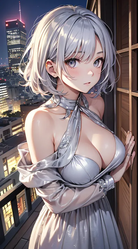 top-quality、Top image quality、​masterpiece、girl with((sixteen years old、small tits,beautiful silver eyes、Breasts wide open,Silver-haired shorthair、Bundled hair、A slender、Slouching posture、Silver dress、Reflecting the whole body、Silver hair ornament)）hiquali...