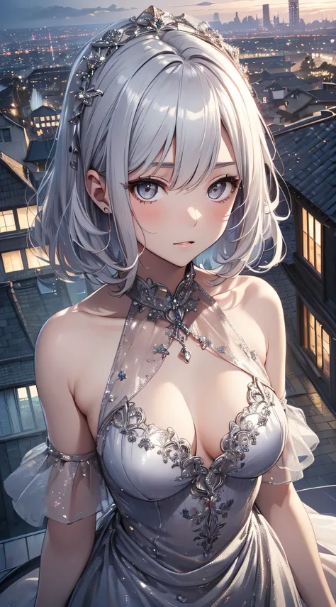 top-quality、Top image quality、​masterpiece、girl with((sixteen years old、small tits,beautiful silver eyes、Breasts wide open,Silver-haired shorthair、Bundled hair、A slender、Slouching posture、Silver dress、Reflecting the whole body、Silver hair ornament)）hiquali...