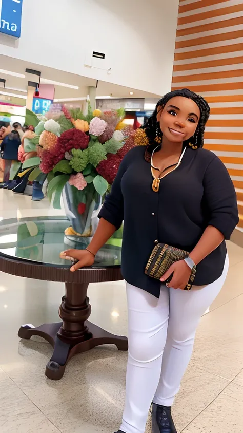 Mulher negra, com cabelo cacheado curto, Smiling woman standing in front of a table with a vase of flowers, em um shopping, Mulher negra de 30 anos de Cuba, 30 anos mulher, em um shopping, In Sao Paulo, aparecer em um shopping center, imagem de semi perfil...