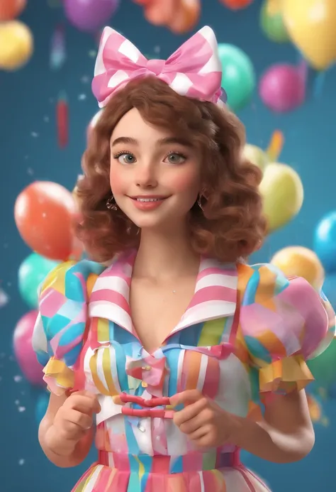 15-year-old brunette girl at her 15th birthday party, com um cabelo todo colorido e bem maluco, And your kitten dressed as a funny clown, e seu pai vestido de lula Palusa.