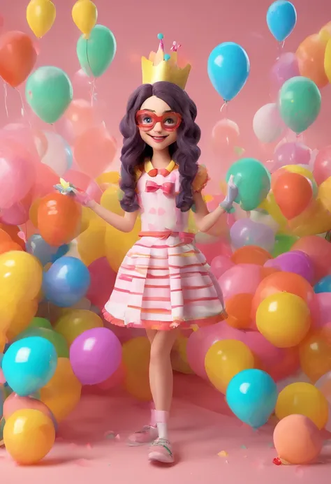 15-year-old brunette girl at her 15th birthday party, com um cabelo todo colorido e bem maluco, And your kitten dressed as a funny clown, e seu pai vestido de lula Palusa.