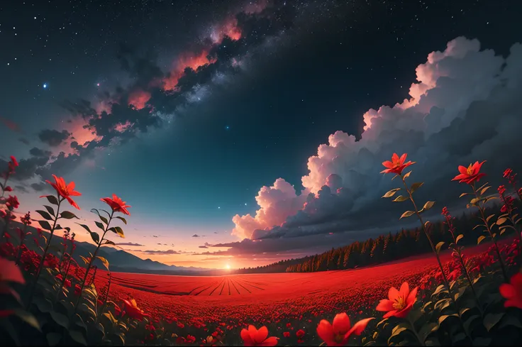 A bright night,sky filled with stars,red flowers field, landscape, ultra realistic 8k quality,