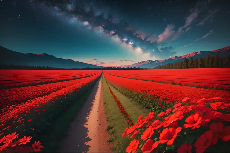 A bright night,sky filled with stars,red flowers field, landscape, ultra realistic 8k quality,